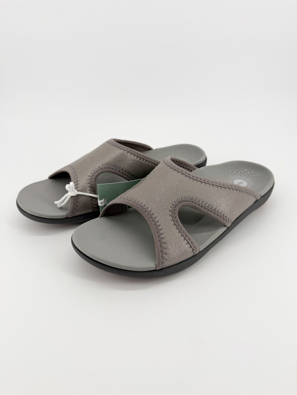 Revitalign Brook Orthotic Metallic Slide Sandals Stretch Shimmer Pewter 11 NEW